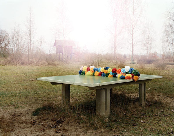A ping pong table in a clearing, with colourful flowers draped across the middle of it, by Polish artist Oliver Schwarzwald.