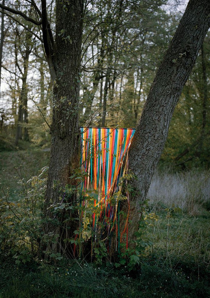 A series of colourful ribbons hung between two trees, by Polish artist Oliver Schwarzwald. 