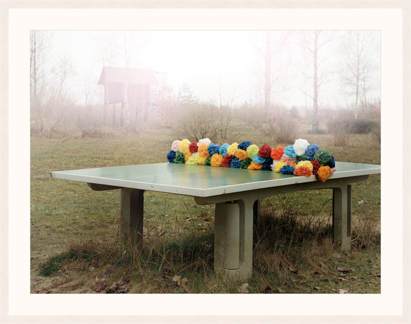 A ping pong table in a clearing, with colourful flowers draped across the middle of it, by Polish artist Oliver Schwarzwald, in a white wooden frame.
